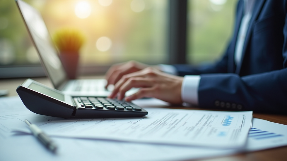 Eye-level view of a neat office desk with financial documents and a calculator