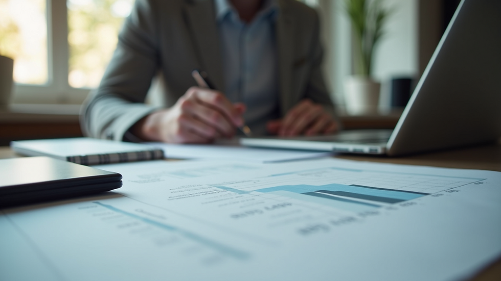 Eye-level view of a neat desk with a laptop and financial documents