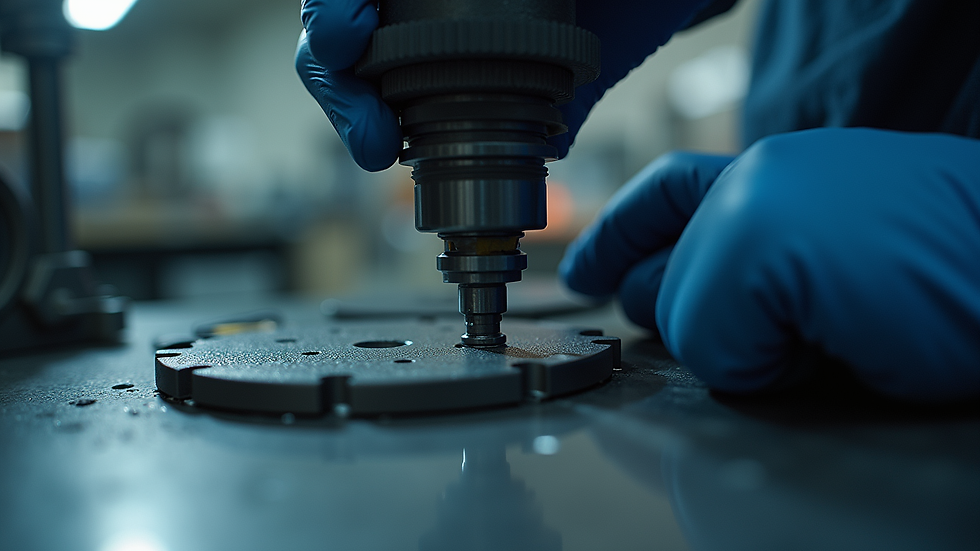 Eye-level view of a technician inspecting a carbide die
