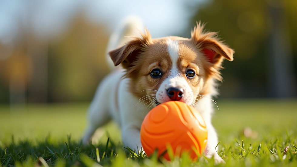 Eye-level view of a dog happily playing with a colorful ball