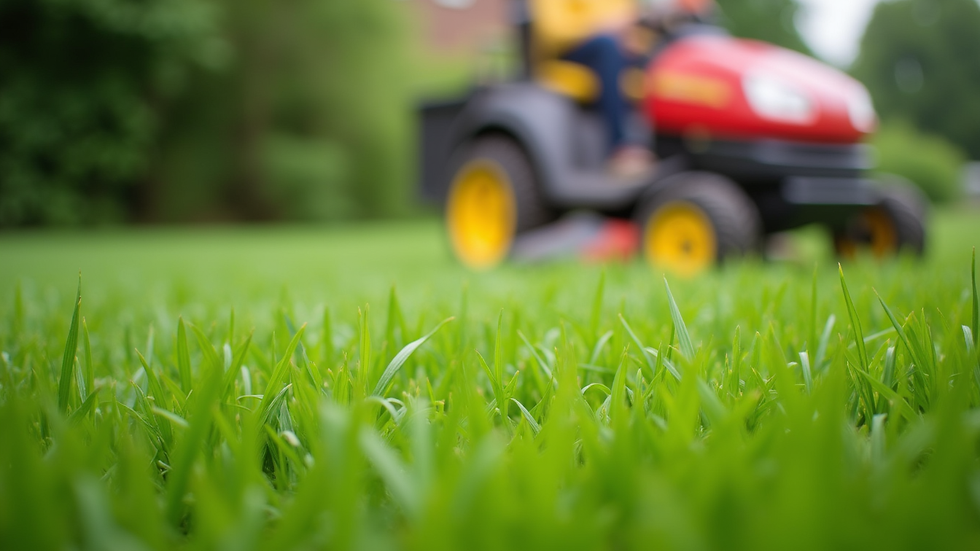 Close-up view of fresh green grass with lawn care equipment in the background