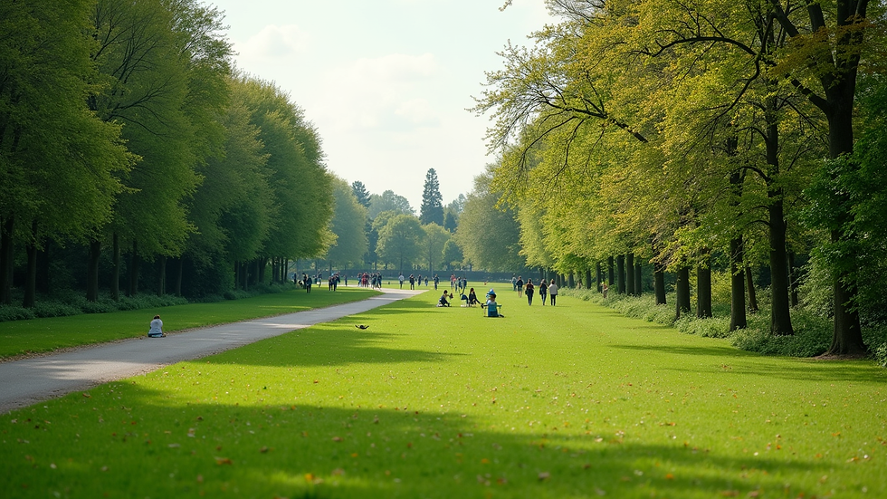 Wide angle view of a green park with walking trails and people enjoying outdoor activities