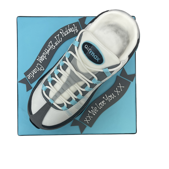 Bespoke Nike Airmax-themed cake with detailed sneaker design, perfect for celebration in Solihull, West Midlands.