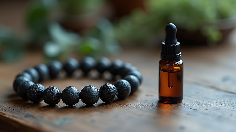 Eye-level view of a lava stone bracelet with a dropper bottle of essential oil nearby