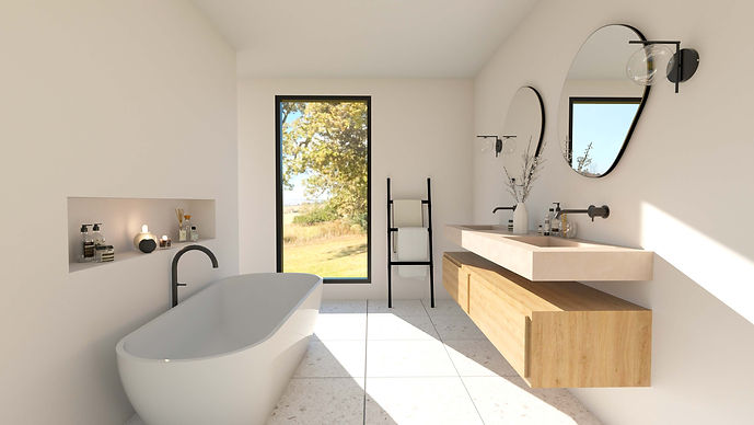 Projet déco suite parentale Nantes. Grande salle de bain avec vue sur le jardin. Une baignoire en îlot adossée au mur en bétoin ciré. Un meuble double vasque suspendu en bois et bétoin ciré avec une robinetterie en nickel brossé, deux grand miroirs, un carrlage effet terrazzo et une échelle pour suspendre des serviettes de bain.