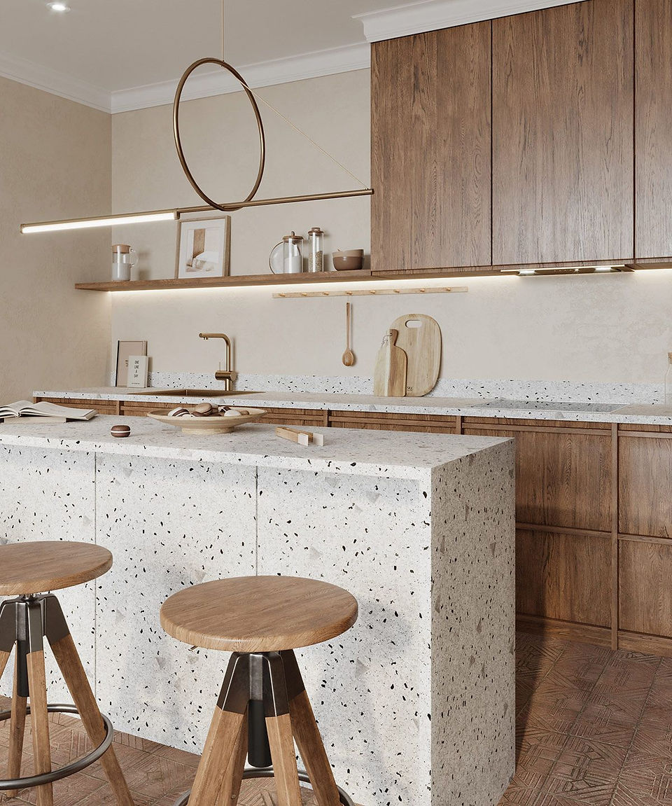Cuisine terrazzo crédence ilot central