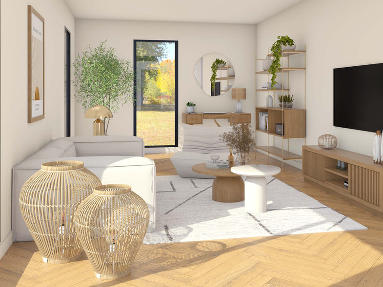 Décoratrice d'intérieur Nantes Vannes. Salon à la décoration minimaliste avec une vue sur le jardin ensoleillé, couleurs neutres et chaudes, design épuré, fauteuil Togo beige, mobilier en bois miellé, tables basses en bois et travertin, lampe à poser en laiton, lampe à poser The socialite Family blanc et rotin.