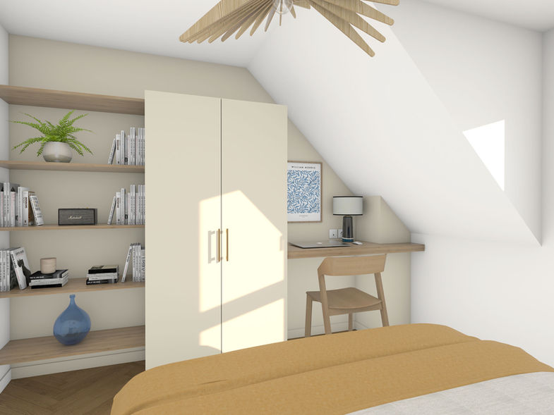 Décoratrice d'intérieur Nantes Vannes. Chambre lumineuse avec un dressing en bois et beige, bibliothèque avec des étagères en bois de chêne clair, un bureau avec une chaise épurés et modernes, affiche de décoration, bleu et blanc, parquet en bois miellé.