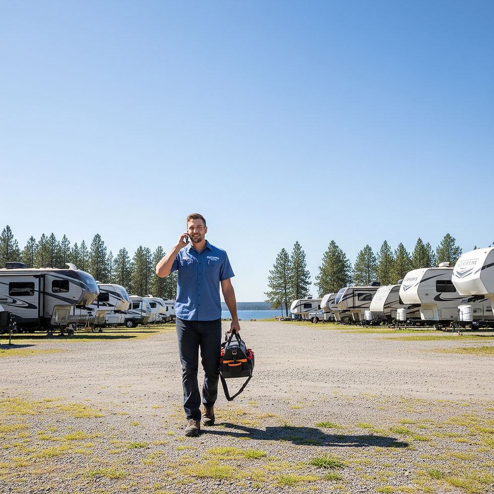 create an image of a mobile RV technician answering a phone and headed to a campground wit