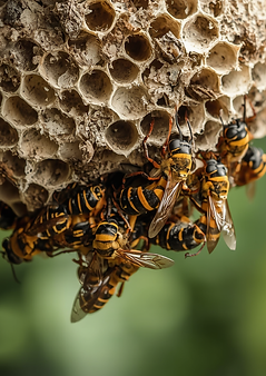 Realistic photograph of wasp nest, professional pest control website background, real life