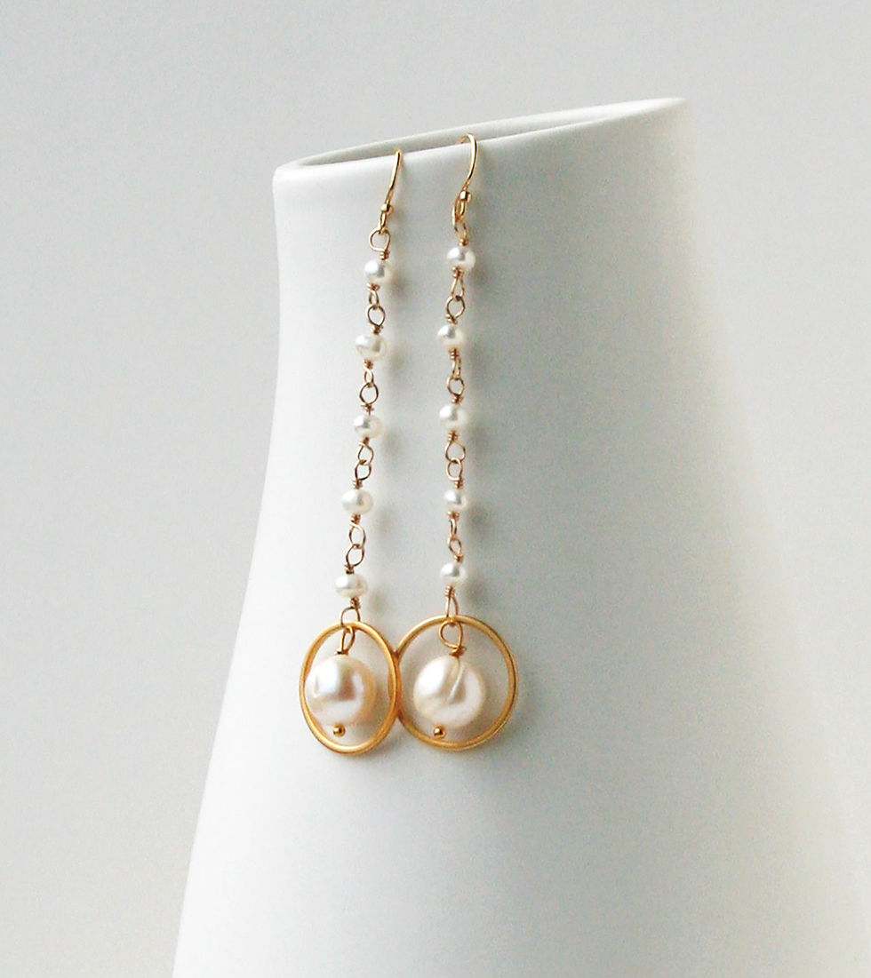 Thumbnail: Earrings with small pearls strung and a circle finding with a large pearl in the center.