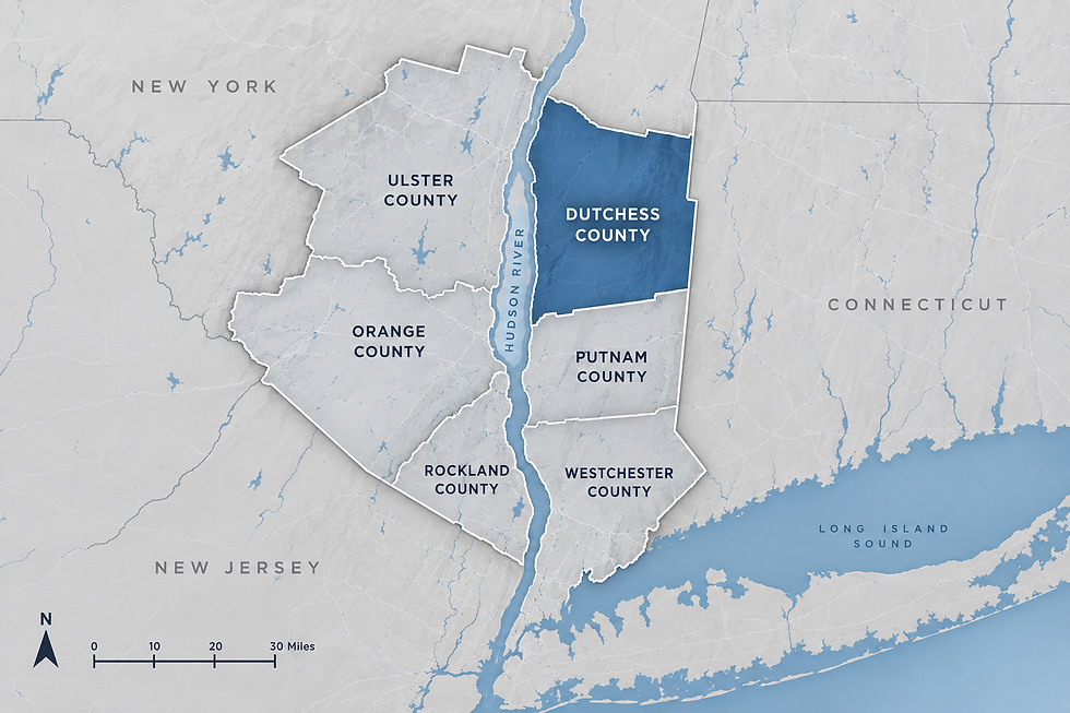 Map highlighting Dutchess County and surrounding Hudson Valley counties served by DroneWorx Aerial Solutions.