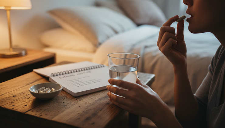 Close-up view of magnesium capsules beside a water glass and journal on a bedside table