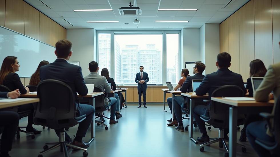 Eye-level view of a modern classroom setting with students engaged in a real estate management course