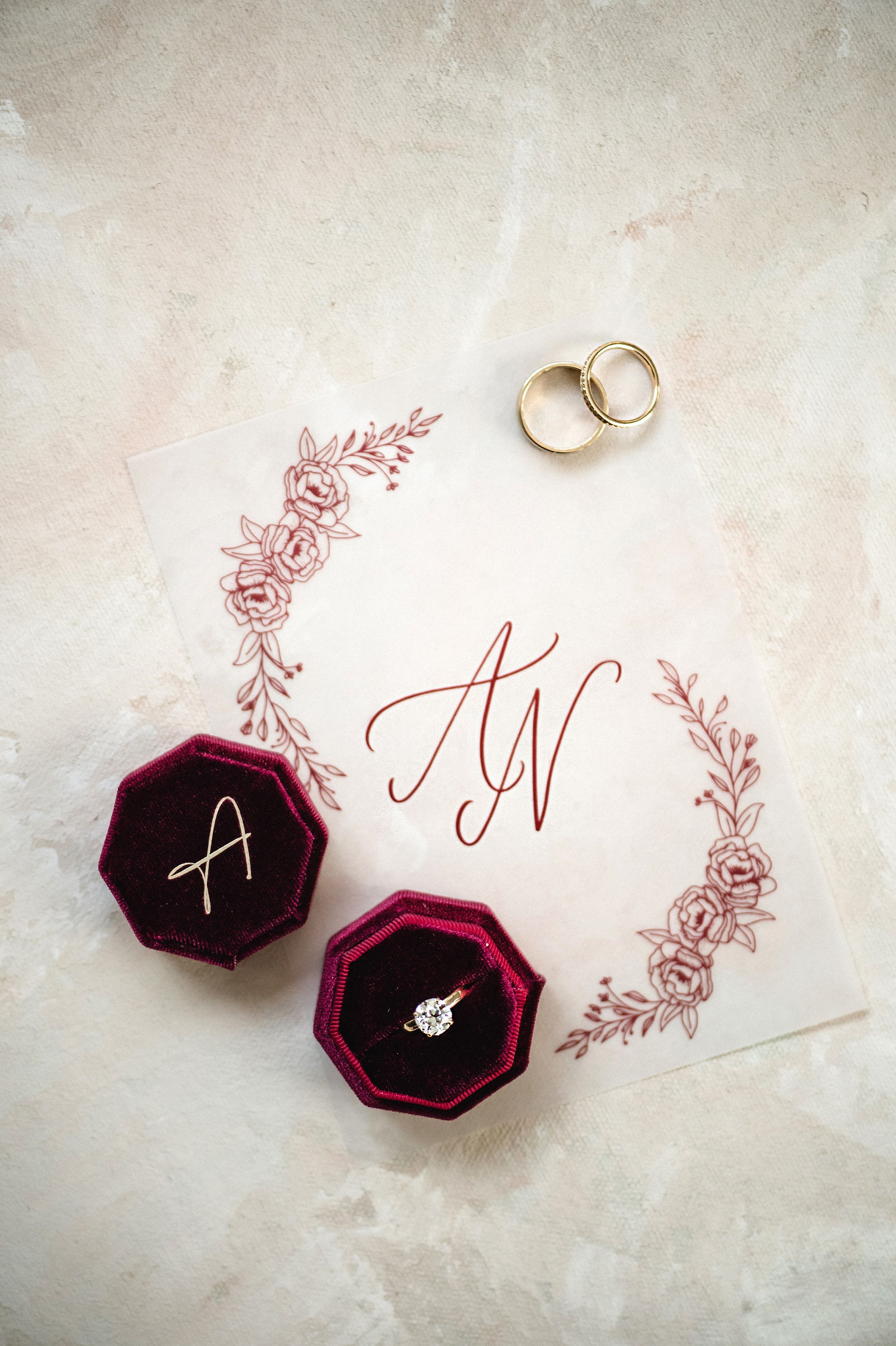 Burgundy velvet ring box for wedding day