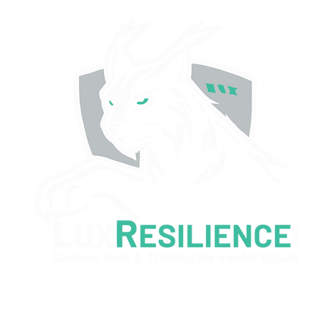 Logo mit dem Bild eines stilisierten Luchses in weisser Silhouette mit leuchtend grünen Augen. Der Luchs steht vor einem Schild und darunter ist der Text 'LUX' groß geschrieben, gefolgt von dem Wort 'RESILIENCE' in kleineren Buchstaben. Die Buchstaben und Designelemente sind minimalistisch mit Akzenten in leuchtendem Grün gestaltet.