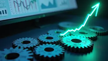 Engrenagens metálicas conectadas formando gráfico de crescimento em tela de software SaaS 