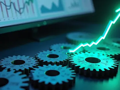 Engrenagens metálicas conectadas formando gráfico de crescimento em tela de software SaaS 