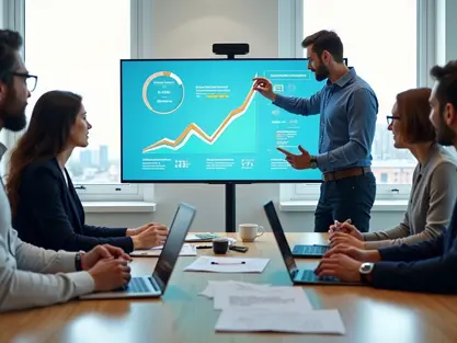 Equipe de startup discutindo validação de MVP em reunião com dashboard em tela grande 