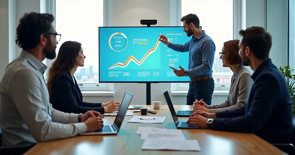 Equipe de startup discutindo validação de MVP em reunião com dashboard em tela grande