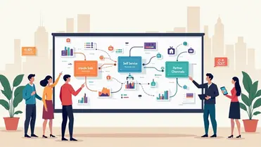 Mapa visual de estratégia de vendas para startups em quadro digital gigante 