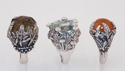 Custom dterling silver rings inspired by nature, leaf rings, maple leaves, spessartite garnet, star rutilated quartz, aquamarine, gemstones, botanically inspired ring