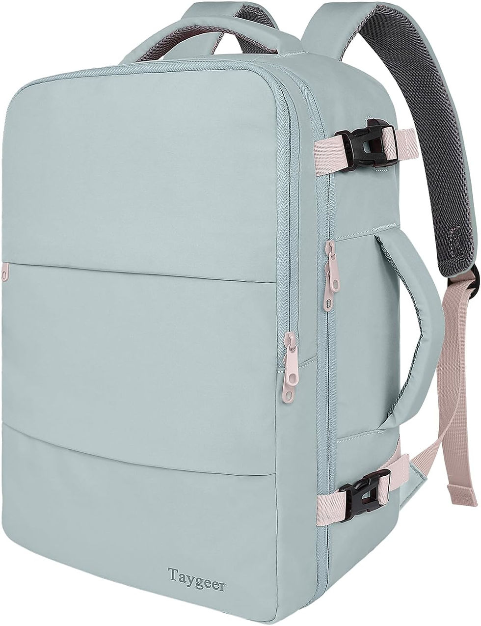 amazon prime day wedding deals. Light blue backpack with pink zippers and straps on a plain background. Text "Taygeer" visible on the front. Clean, modern design.