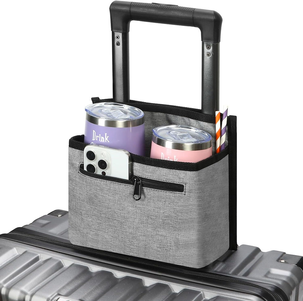 amazon prime day wedding deals. Gray suitcase with a gray organizer attached to the handle, holding two drink cups, a phone, and striped straws.