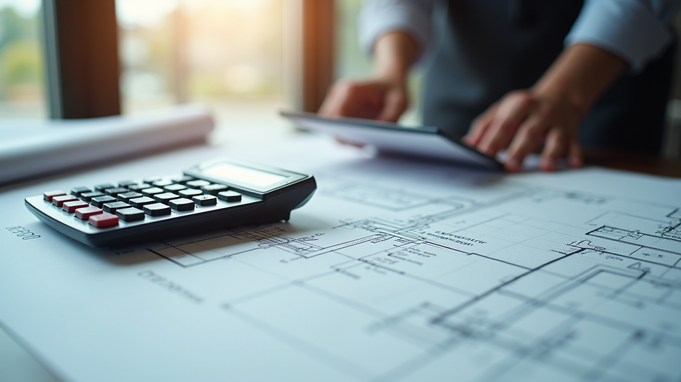 Close-up view of architectural blueprints and a calculator on a desk
