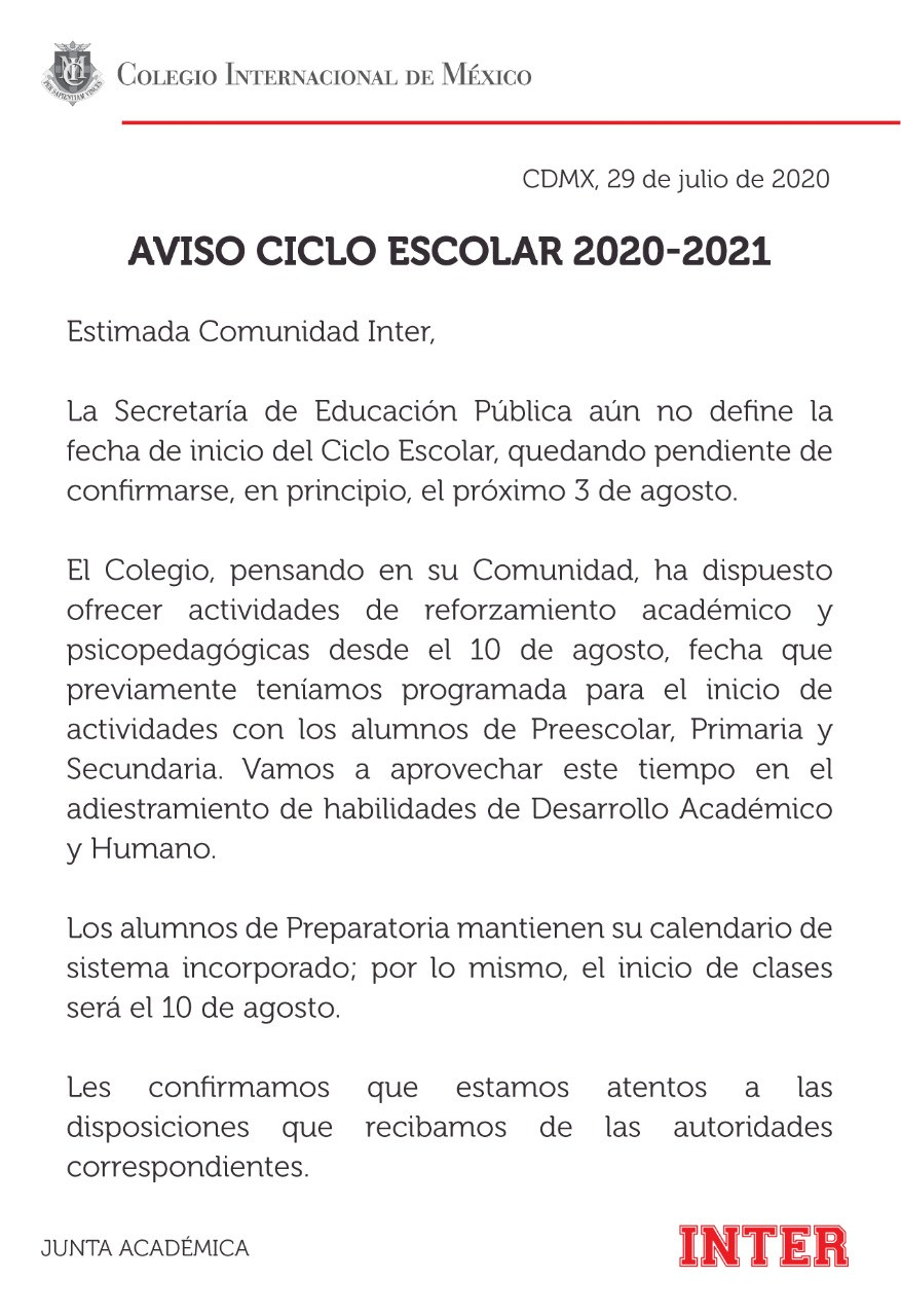 Aviso fecha inicio clases
