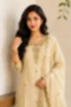 Thumbnail: Beige Floral Beads Cotton Kurti Set image close up view