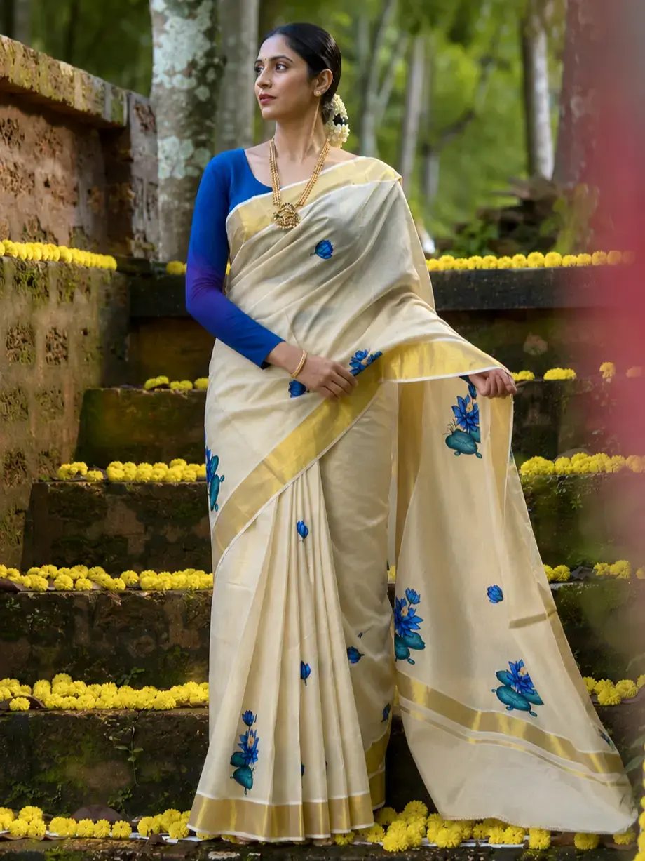 Blue Lotus Digital Motif Traditional Kerala Tissue Saree image main view