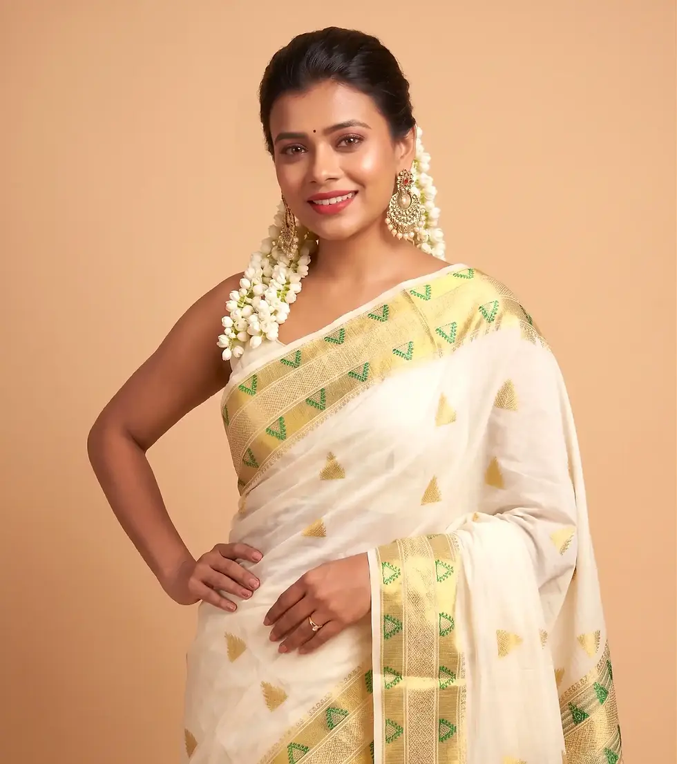 Thumbnail: Golden Sage Green Temple Jacquard Cotton Kerala Kasavu Saree image closed view