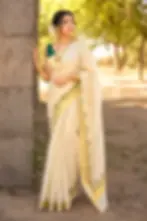 Sage Green Leaf Embroidery Tissue Kerala Kasavu Saree image main view