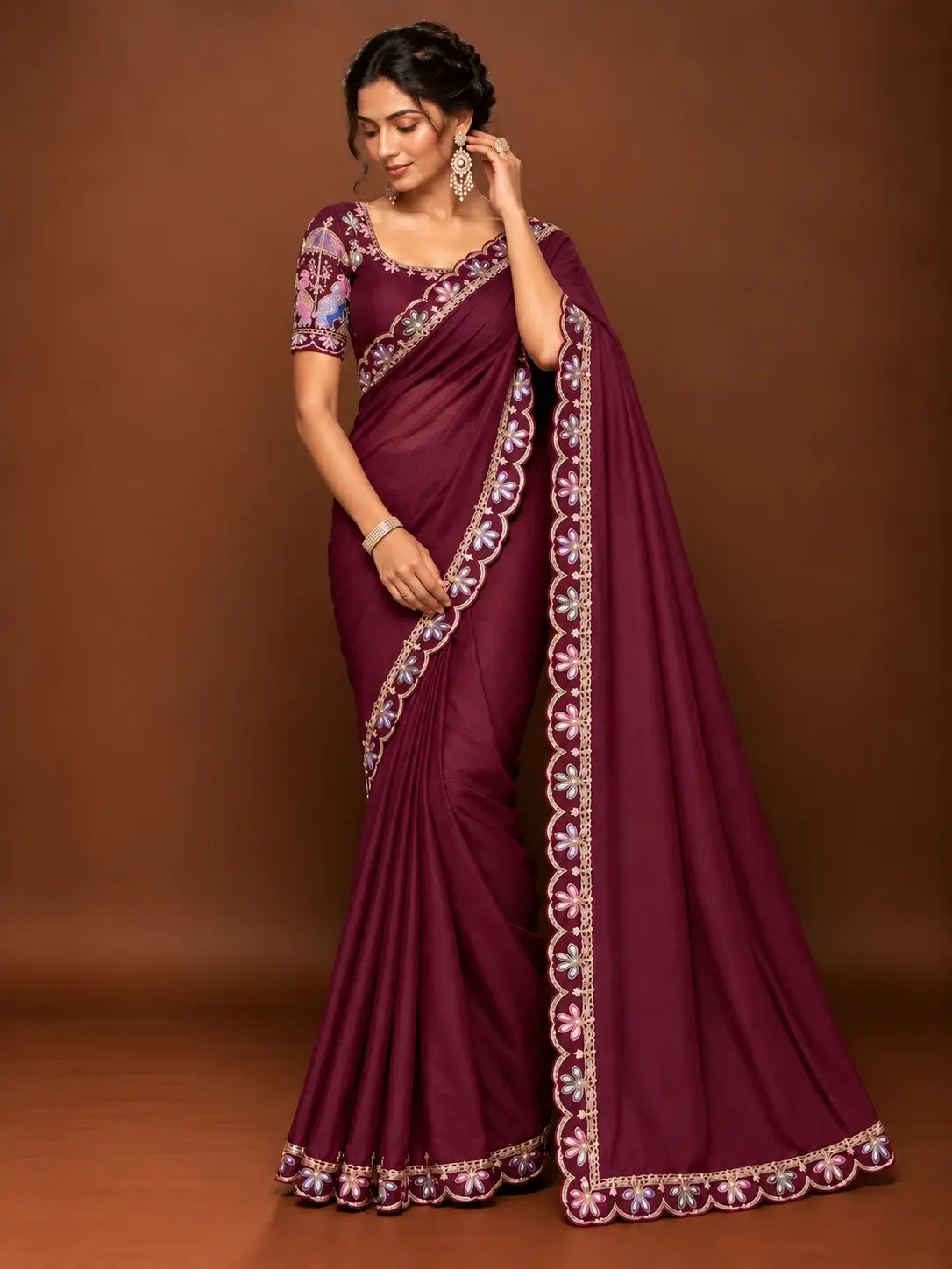 Wine Maroon Gajah Silk Saree with Multicolor Embroidered Border image main view