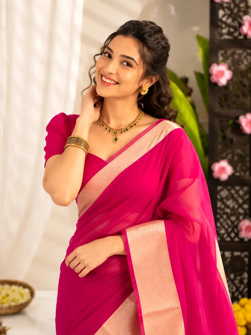 Magenta Pink Semi Cotton Saree with Classic Zari Border image close up view