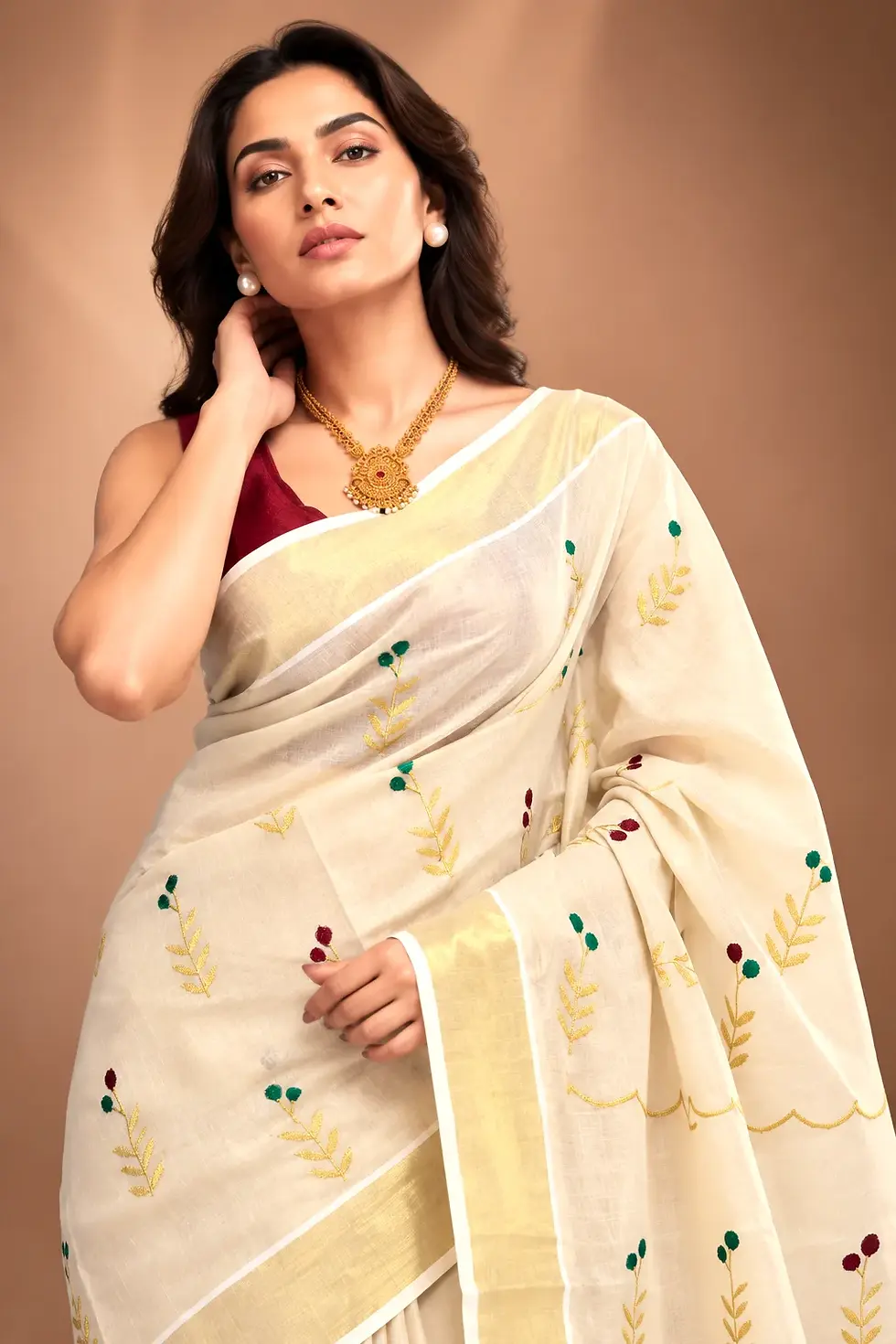 Multi Color Floral Embroidery Tissue Kerala Kasavu Saree image close up view