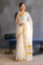 Golden Diamond Embroidery Cotton Kerala Kasavu Saree image full view