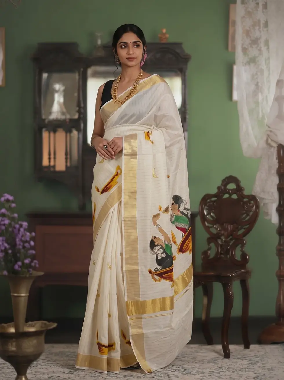 Kerala Mural Art Kasavu Cotton Stripe Saree with Diya & Traditional Dance image main view