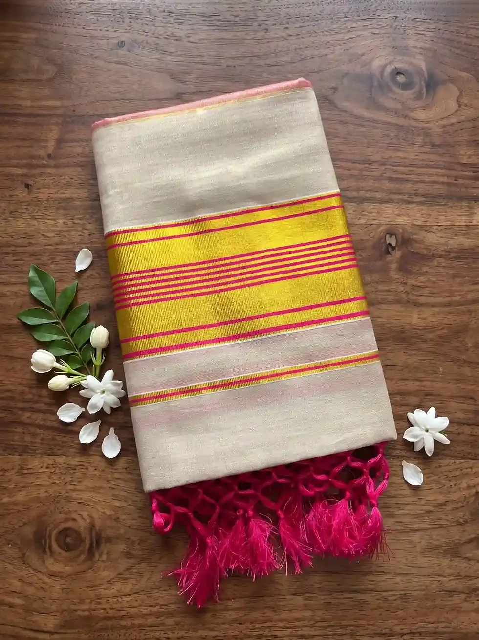 Pink Elegant Striped Kerala Kasavu Tissue Saree with Tussel.image folded view