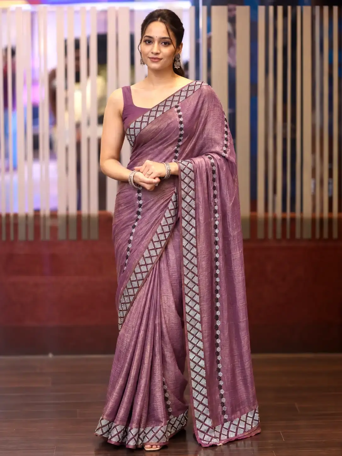 Plum Shimmer Silk Saree with Silver Diamond Embellished Border image main view