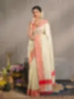 Peach-pink Tussel Tissue Kerala Kasavu Saree image full view