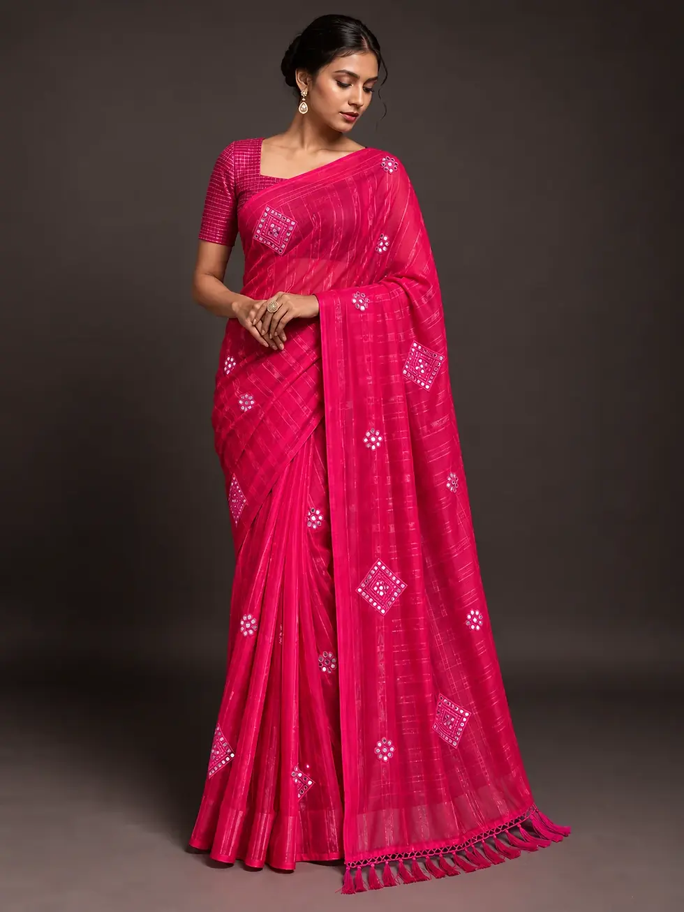 Fuchsia Pink Shimmer Silk Saree with Mirror Work Embroidery and Tassel Border image full view