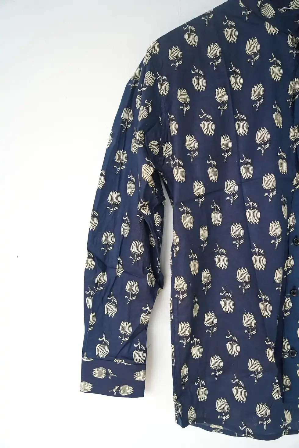 Thumbnail: Blue Lotus Motif Ajrakh Cotton Shirt image half view