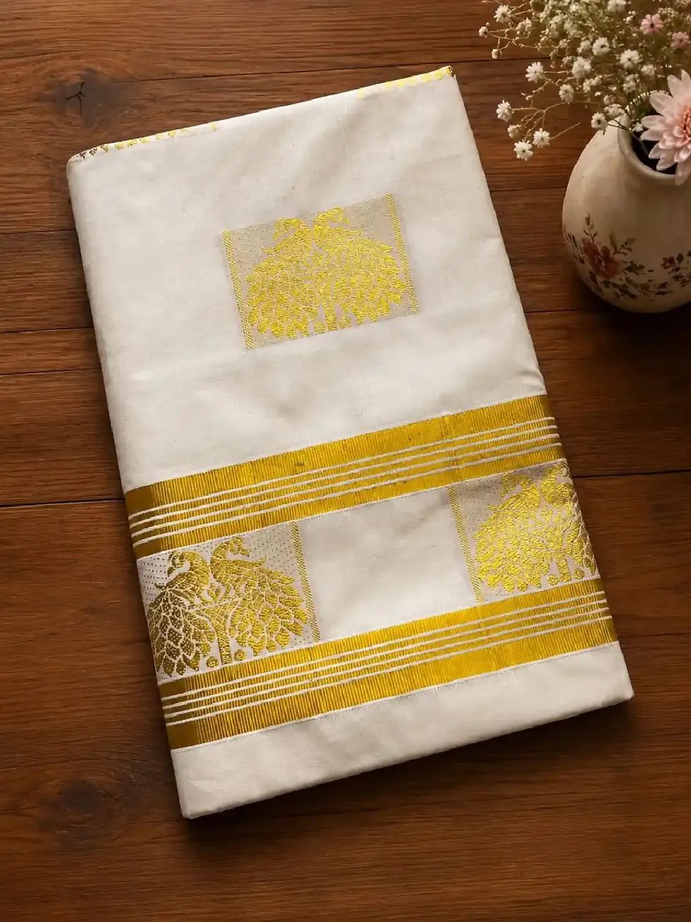 Thumbnail: Golden Mayura Jacquard Cotton Kerala Kasavu Saree image folded view