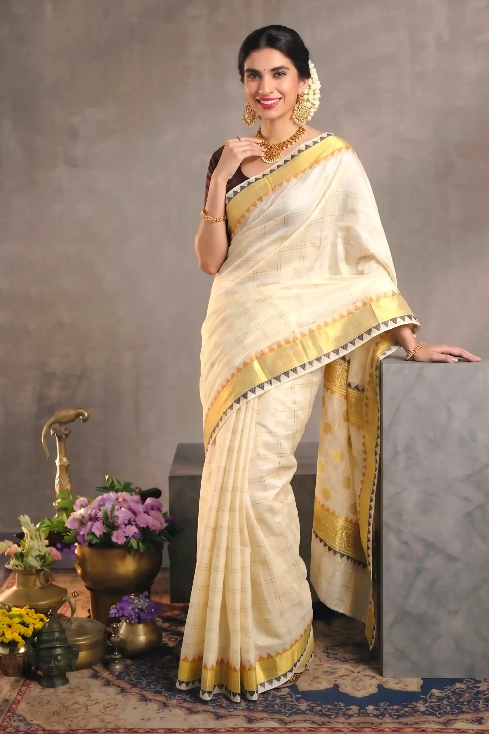 Premium Orange & Blue Temple Block Zari Cotton Kasavu Saree image main view