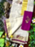 Royal Voilet Floral Embroidery Tissue Kerala Kasavu Saree image partily opened view