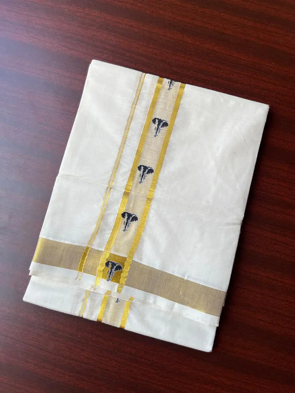 Elephant Motif Hand-Painted Golden Kasavu Double Mundu image main view