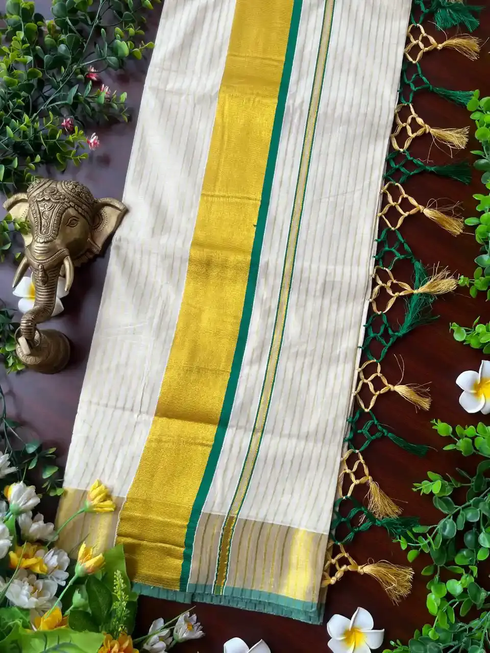 Thumbnail: Forest Green Stripe Tussel Cotton Kerala Kasavu Saree image design view