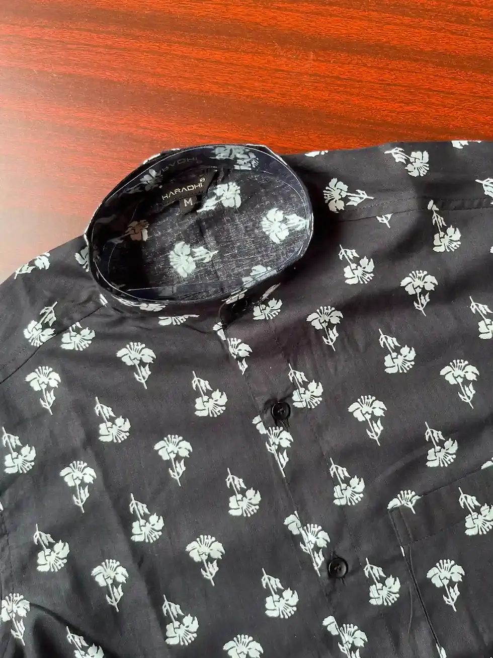 Pale Ice Blue Floral Motif Ajrakh Cotton Shirt image close up view